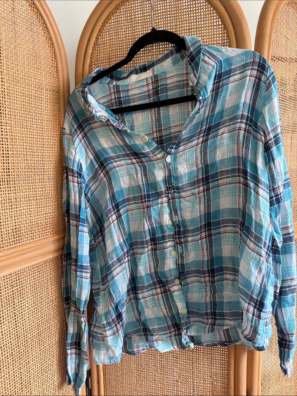 CP Shades Lightweight linen Teal Plaid Button-Up Shirt